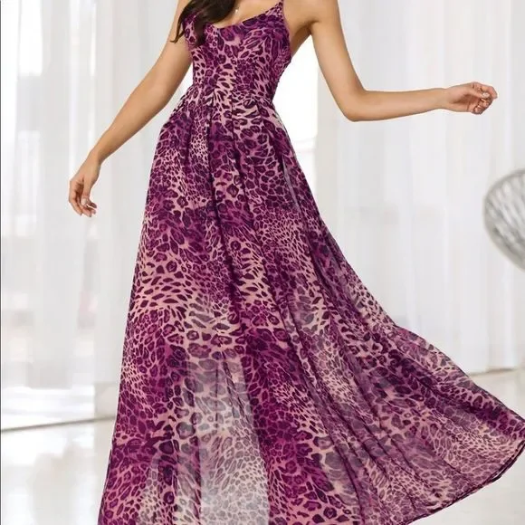 Private Label | Dresses | Pinkleopard Cheetahanimal Print Spaghetti  Strapchiffon Maxi Dress Size Small | Poshmark